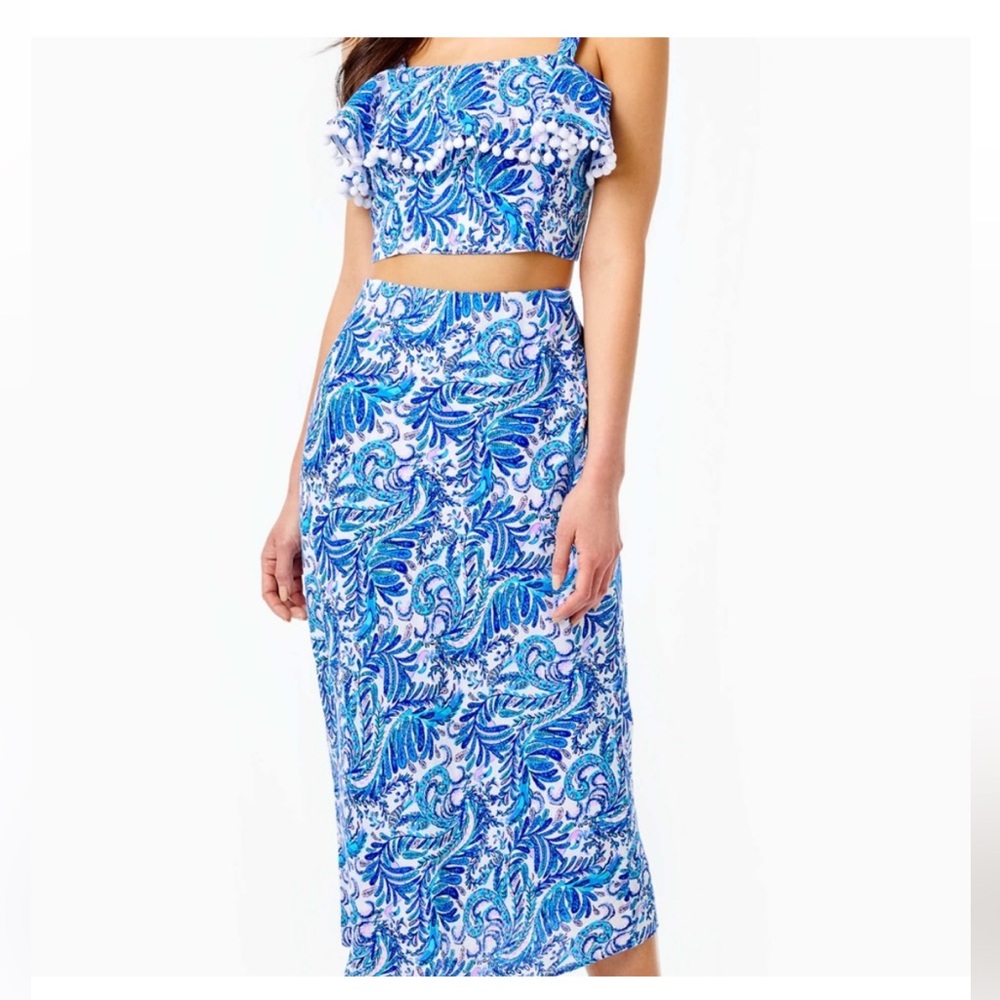 Lilly Pulitzer Baha Blue BIRD IS THE WORD GRETNA SET 2pc Crop Top & Skirt NWOT